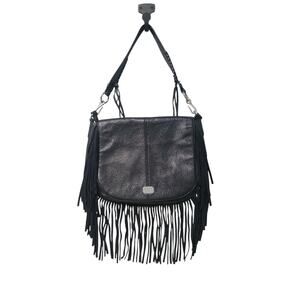 Lauren Ralph Lauren Pebble Leather Saddle Fringe Crossbody Bag Black GUC Flap
